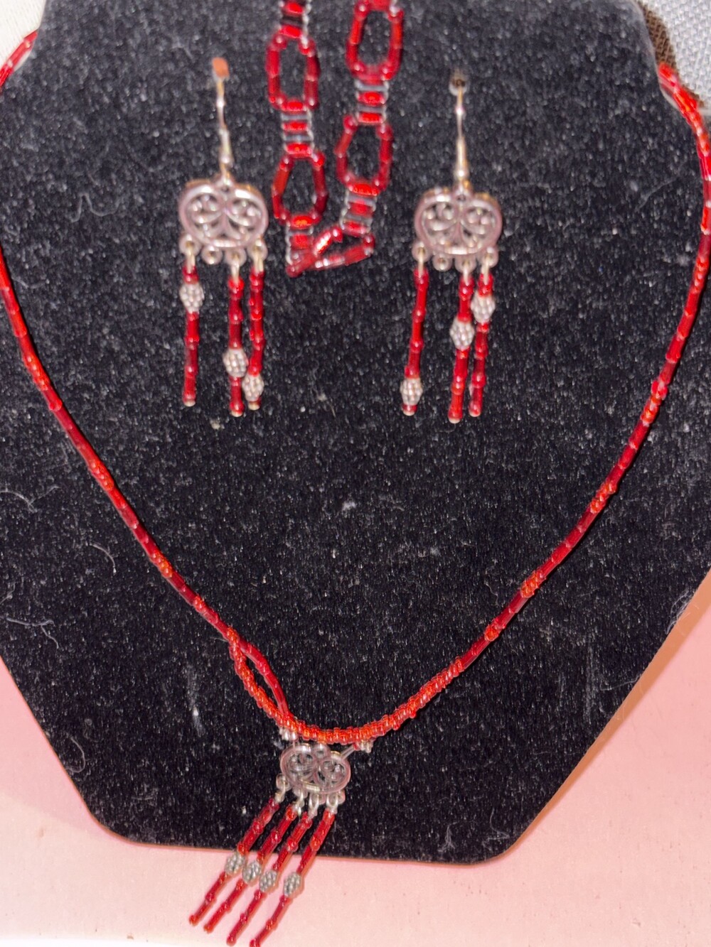 Red Beaded Necklace and Earrings Set with Silver-Tone Accents